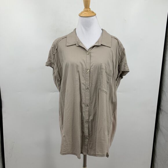 Splendid Shirt Women XL Extra Large Beige Short Sleeve Collar Button Up Top - Picture 2 of 10